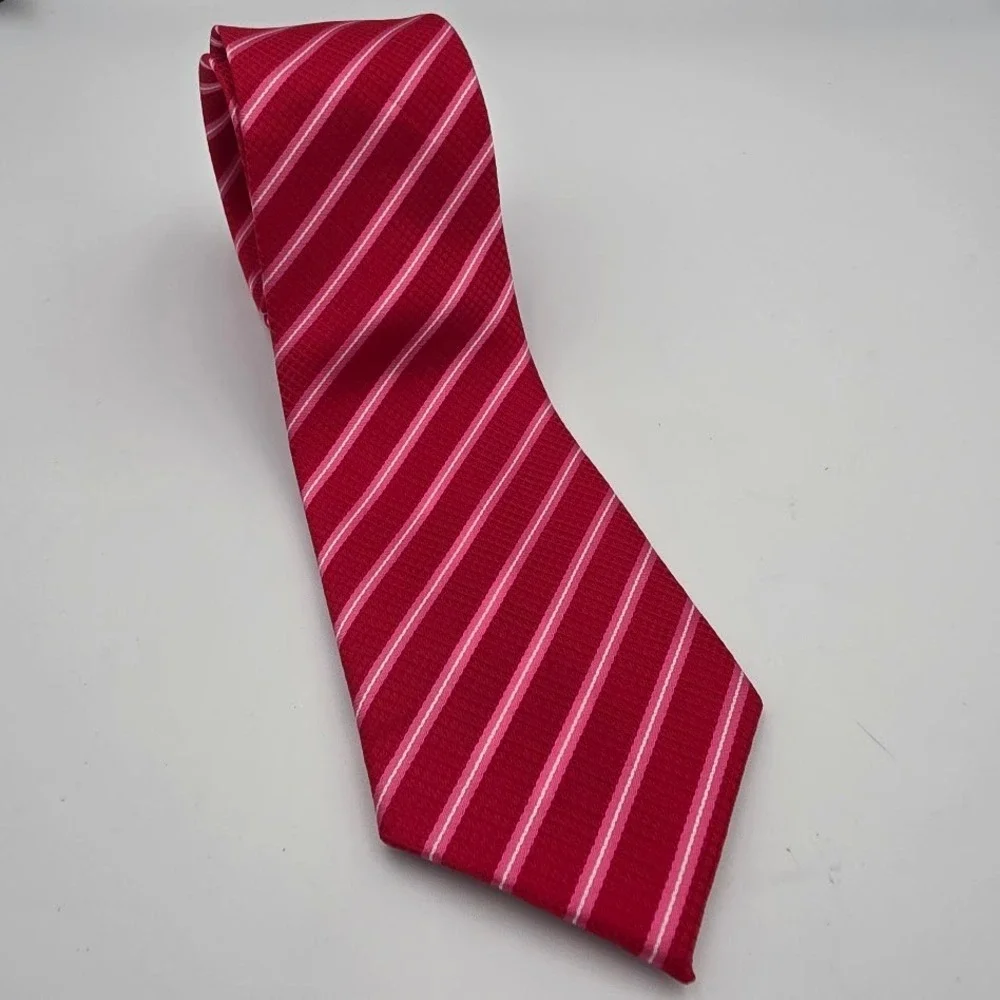 KAILONG Red Pink White Stripe Hand Made Silk Blend Necktie Mens‎